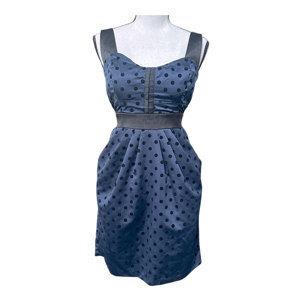 City Triangles Navy Polka Dot Fit & Flare Party Dress Satin Sz 9 Cocktail Y2K